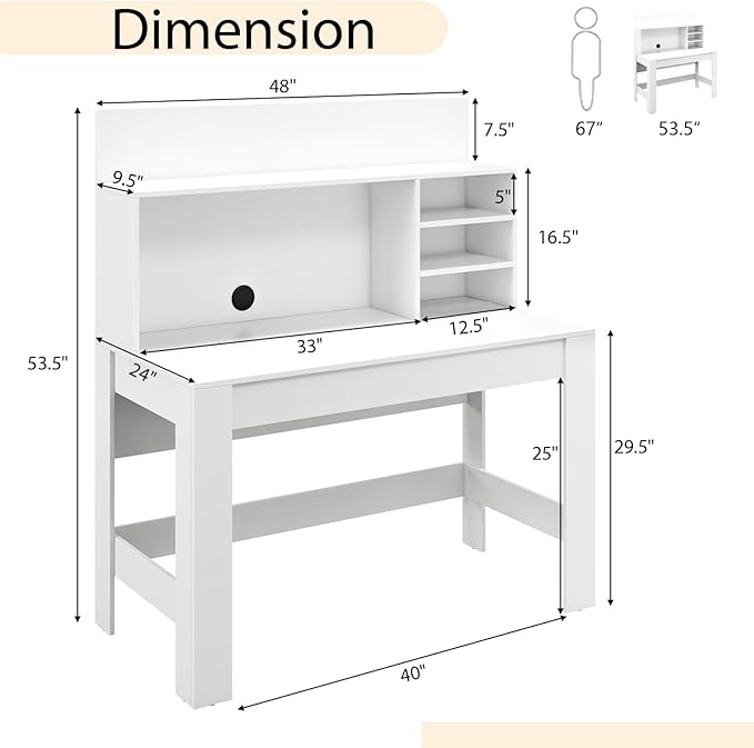 Giantex White Desk with Hutch Home Office Desk with Bookshelf Computer Workstation PC Laptop Table with Anti-Toppling Device &amp Cable Hole Modern Study Writing Desk for Small Spaces Bedroom