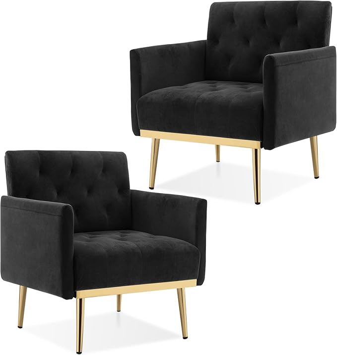 Black Velvet Accent Chairs Set of 2 Comfy Button Tufted Armchair Upholstered Arm Chair Single Sofa Reading Chairs with Arms and Gold Metal Leg for Living Room Bedroom Nursery Office
