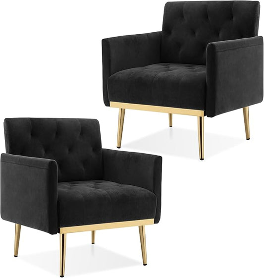 Black Velvet Accent Chairs Set of 2 Comfy Button Tufted Armchair Upholstered Arm Chair Single Sofa Reading Chairs with Arms and Gold Metal Leg for Living Room Bedroom Nursery Office