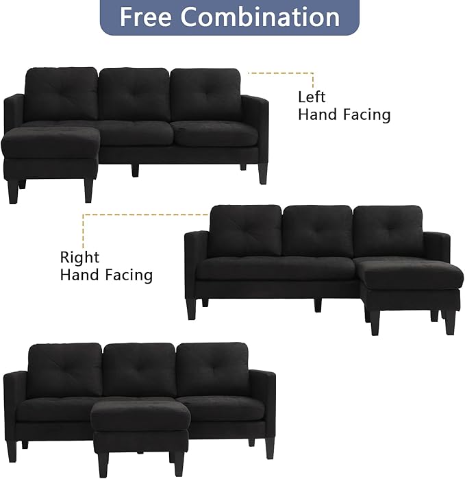 Grepatio Convertible Sectional Sofa Couch 3 Seat L-Shaped Sofa Couch with Modern Linen Fabric for Small Space Living Room (Black)