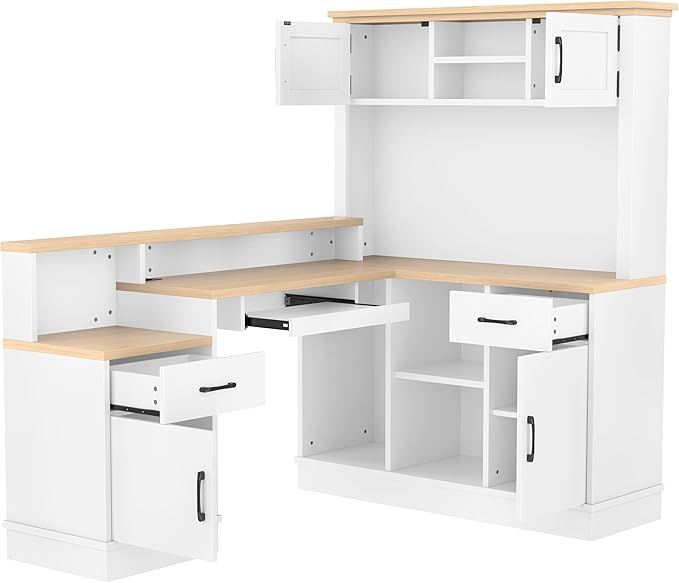 Bellemave L-Shaped Computer Desk with Power Outlet &amp Storage - Modern Corner Gaming Desk with Bookshelf and Drawers Study Writing Workstation for Home Office
