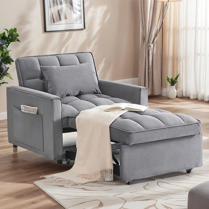 3 in 1 Convertible Sleeper Chair Modern Pull Out Couch Bed Single Recliner with Adjustable Back Velvet Futon Folding Sofa Bed Chair for Living Room Bedroom Small Spaces (Gray-1)