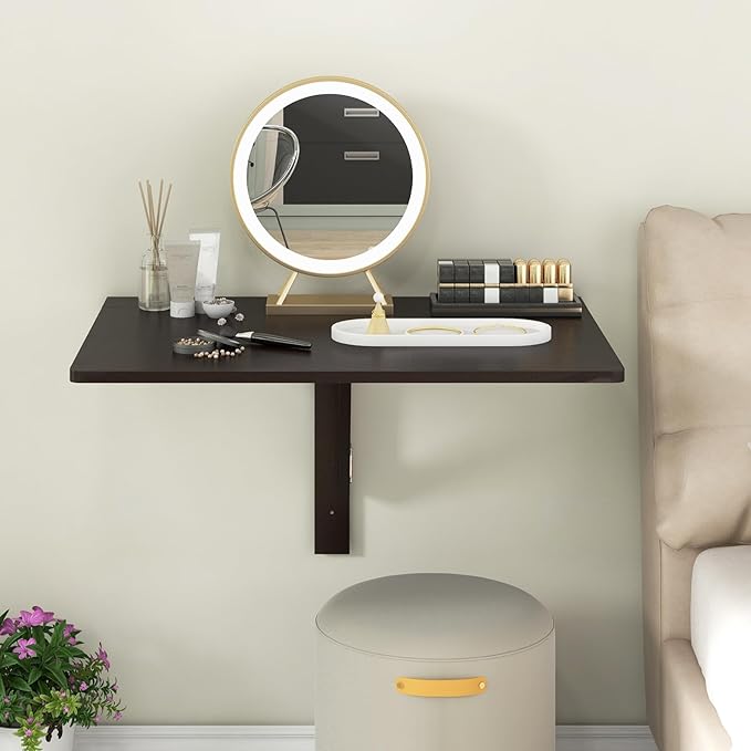 Tangkula 31.5 Wall Mounted Folding Desk Drop-Leaf Floating Desk with Spacious Surface Space-Saving Foldable Wall Table for Study Bedroom Bathroom Balcony &amp Small Spaces