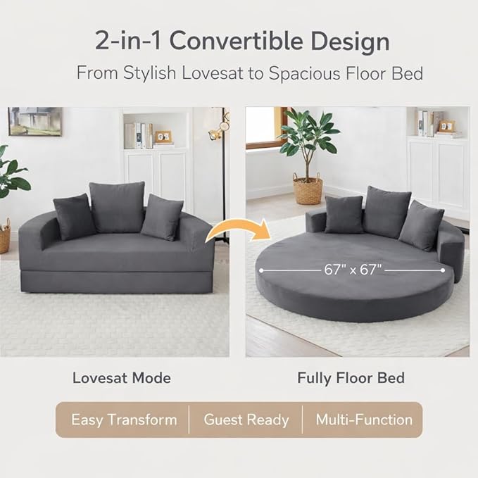 Convertible Round Sofa Bed 67 Corduroy Upholstered Loveseat Sleeper Couch Pull-Out Floor Bed with 3 Pillows No Assembly 550 lbs Weight Capacity (Gray)