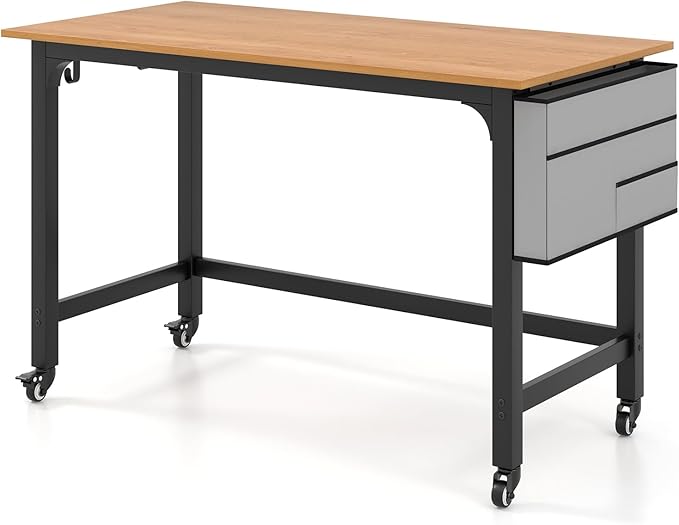 COSTWAY 48” Mobile Computer Desk Home Office Desk on Wheels Simple Study Writing Table with 4 Lockable Wheels Metal Frame Rolling Laptop PC Table for Small Space (Natural)