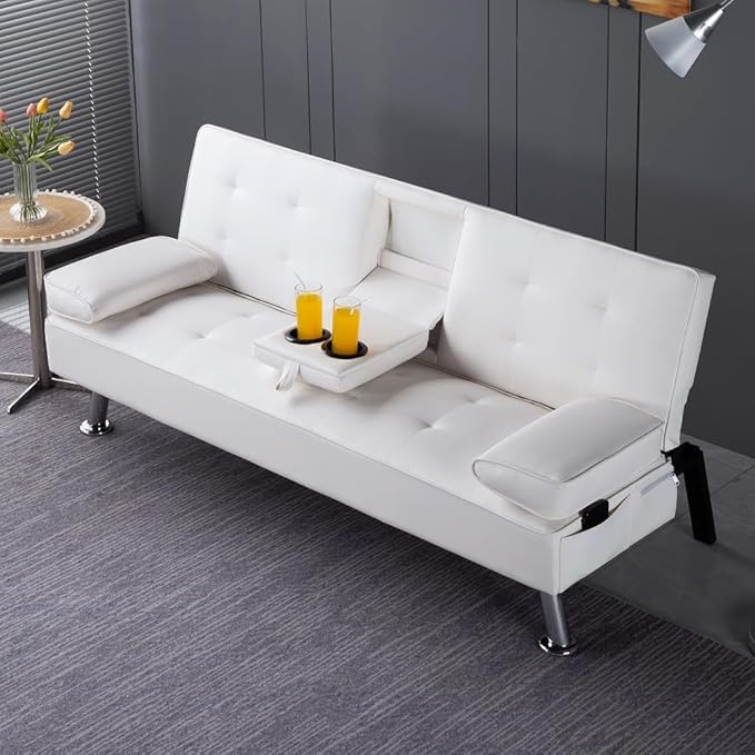 Sofa Bed Adjustment Sofa Double-Sided Double Sofa Folding Sofa Bed GuestbedcupholderBed Modern PU and Polyester Lounge Chair (White)