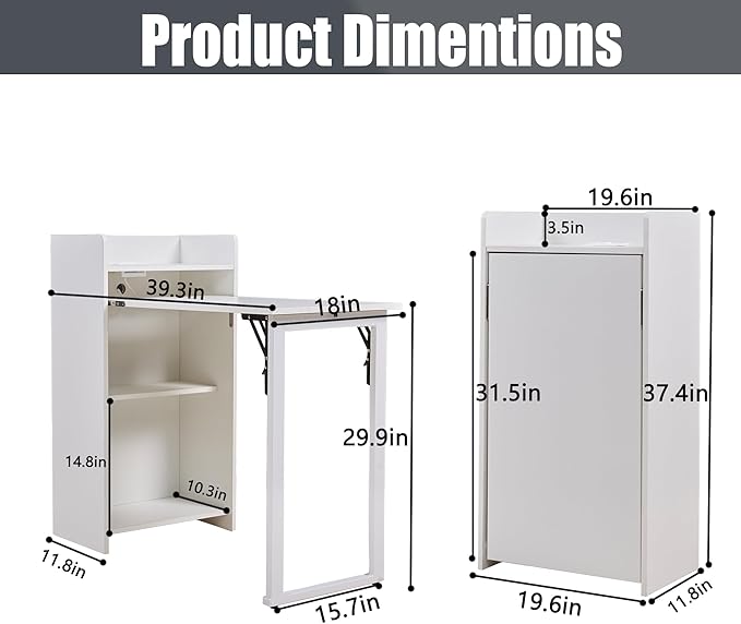 Fold Out Desk with Storage and Built-in Outlet Mid Century Foldable Desk for Small Spaces Hidden Folding Table for Home Office or Bedroom (White)