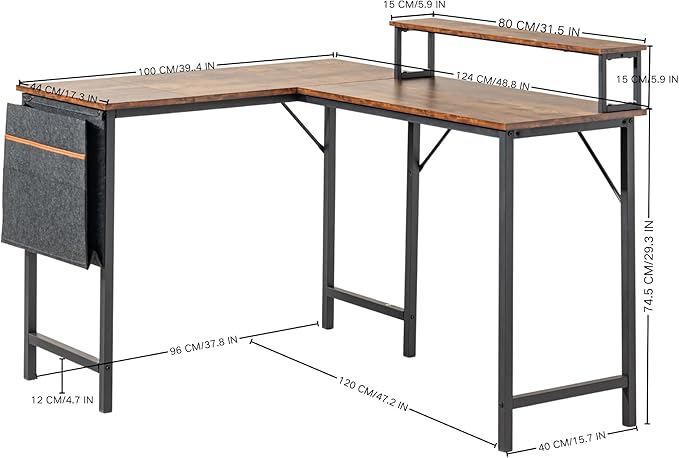 Homy Casa 48.8-Inch L-Shaped Computer Desk with Storage Bag and Desktop Rack – Durable Metal Frame Ample Storage Ideal for Home Office or Studio Use (Brown)