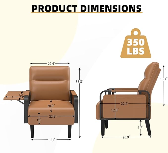 Upholstered Accent Chairs Set of 2 Faux Leather Armchair with Tray Table Comfy Reading Chair for Living Room Bedroom Guest Room Brown