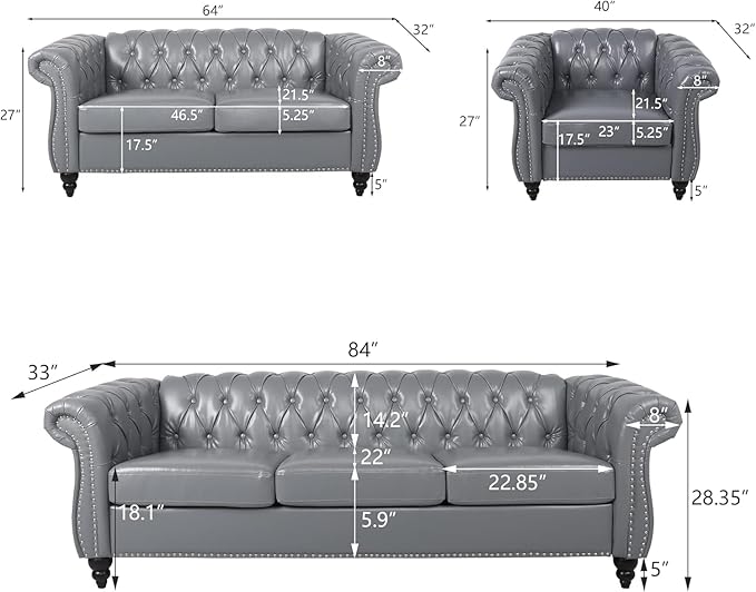RARZOE Modern 2 Pieces Living Room Sofa Set Contemporary Tufted Button Faux Leather Three-Seater Couch and Accent Club Chair with Nailhead Trim Scroll Arms for Home Furniture Grey