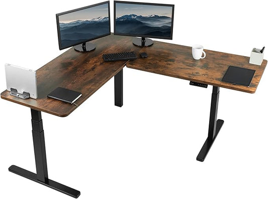 VIVO Electric Height Adjustable 67 x 60 inch Corner Stand Up Desk 2 Rustic Vintage Brown Solid Table Tops Black Frame Memory Controller L-Shaped Workstation 3E Series DESK-KIT-3E6N