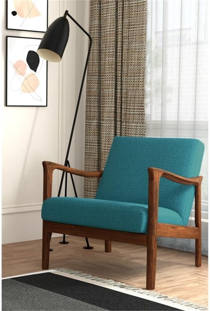 Pemberly Row Modern Lounge Chair Turquoise Polyester Upholstery 29 H x 27.5 W x 34 D Solid Rubberwood Frame Medium Brown Finish Comfortable Accent Chair for Living Room or Reading Nook