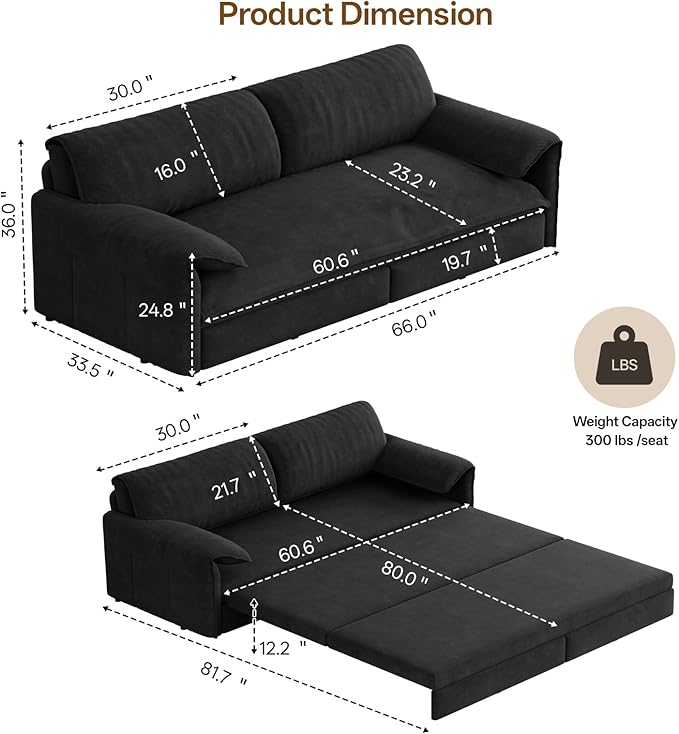 66 Queen Pull Out Couch BedVelvet 3-in-1 Queen-Size Sleeper SofaConvertible Pull-Out Sofa Bed with Side PocketsSleeper Loveseat for Living RoomApartment Offices (Black)
