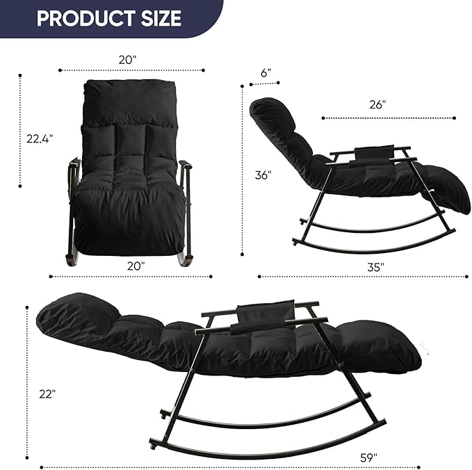 ijuicy Lazy Lsisure Rocking Chair with a Sturdy Iron FrameAdjustable Single ChairGlider Chair for Watching TV or Playing Vedio GamesLiving Room/Bedroom/Guest Room (Black)