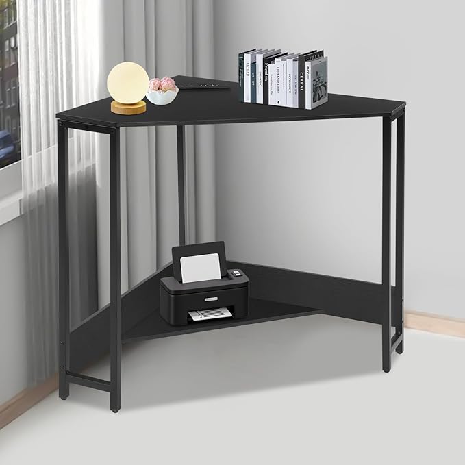 Corner Computer Desk Triangle Computer Desk Small Space Industrial Computers Desks with USB Ports &amp Power Outlet for Home Office Workstation Living Room Bedroom (Black)