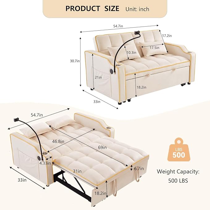 Loveseat Pull Out Couch 3 in 1 Convertible Sofa Bed Adjustable Backrest with Phone Holder Side Pocket &amp USB Port Modern Sofa for Living Room Bedroom Apartment (White)
