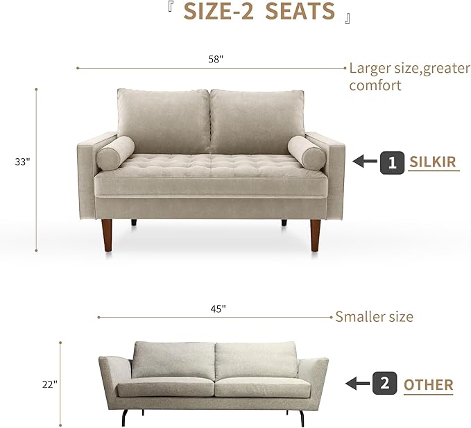 SILKIR Velvet Loveseat Sofa Love Seats Furniture for Small Spaces Mid-Century Modern Loveseats for Living Room Love Seat Couch 58 Inches Beige
