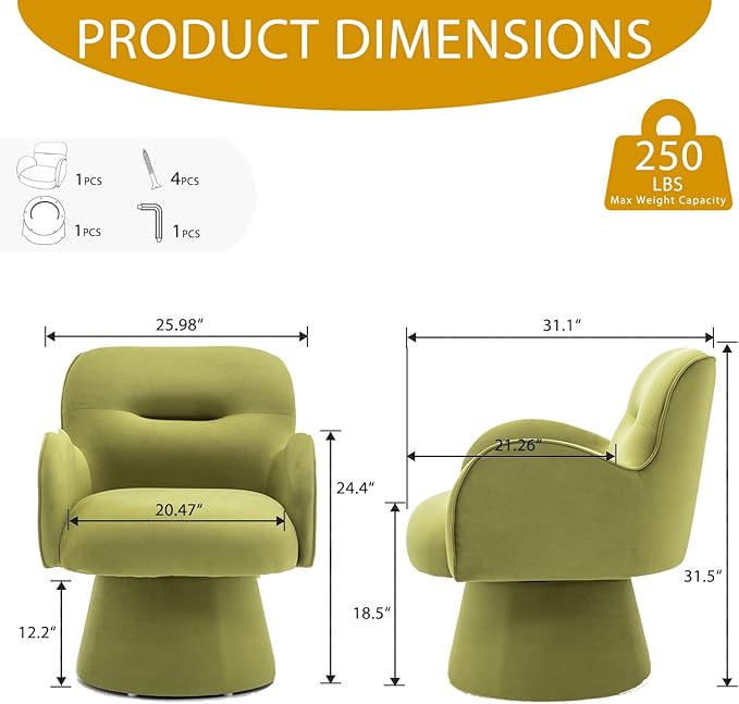 Swivel Accent Chairs Modern Comfy Velvet Barrel Armrest Chairs with Curve Back Soft Cushion Olive Green Armchairs with Arms Small Round Chair for Small Spaces Bedroom Living Room
