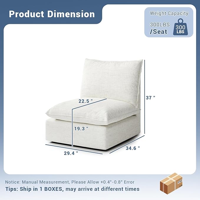 Cloud Middle Sectional Waterproof Down Filled Sectional Sofa High Backrest Modular Sectional Couches for Living Room Modern Modular Couch with Removable Cover Cream White