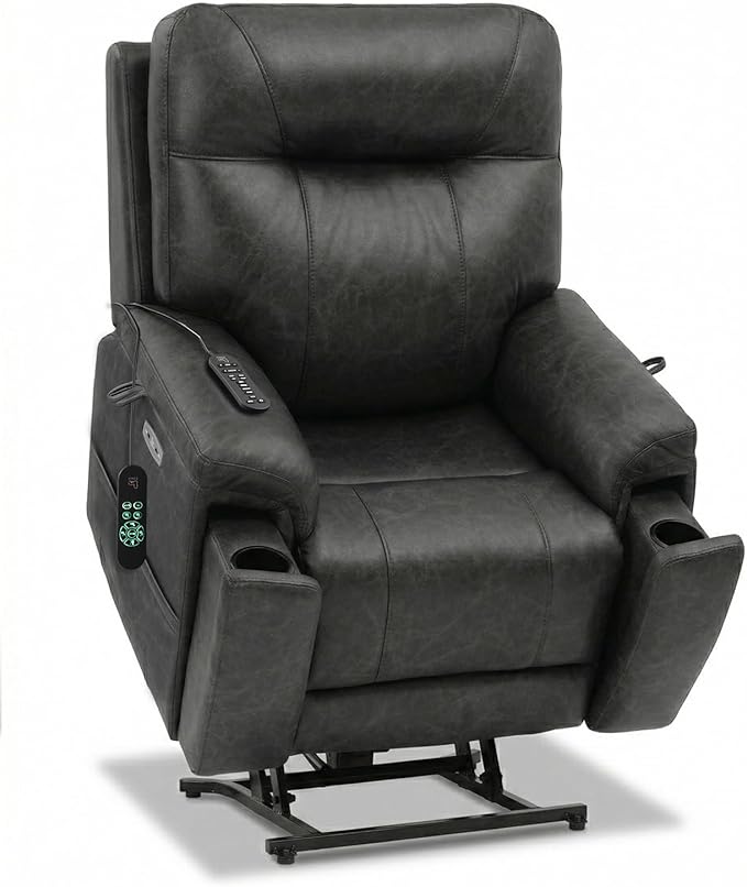 EONIX Triple Motor Lay Flat Power Lift Recliner Chair for Elderly 400lbs Electirc Lift Chair for Living Room Independent Adjustable Lumbar Extended Footrest Hidden Cup Holders Charcoal Black