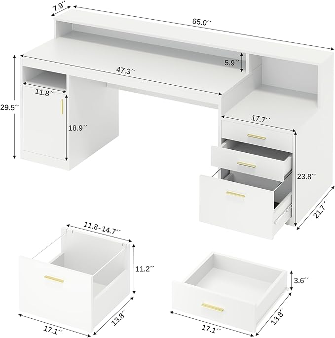 Computer Desk with 3 Drawer &amp Storage Shelves Home Office Desk with File Drawer &amp Cabinet Writing Study Table with Long Monitor Stand &amp Printer Shelf Executive Desk White