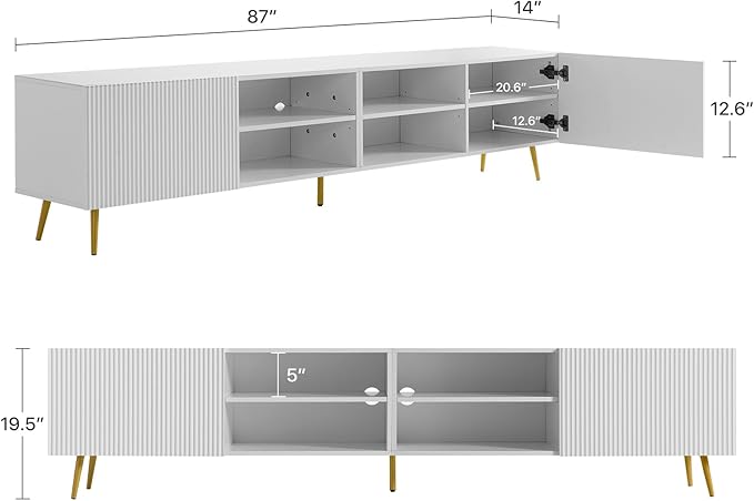 Modern 86in TV Stand for Living Room Fluted Design Entertainment Center with Adjustable ShelvesMedia TV Console Table with Storage for BedroomWhite