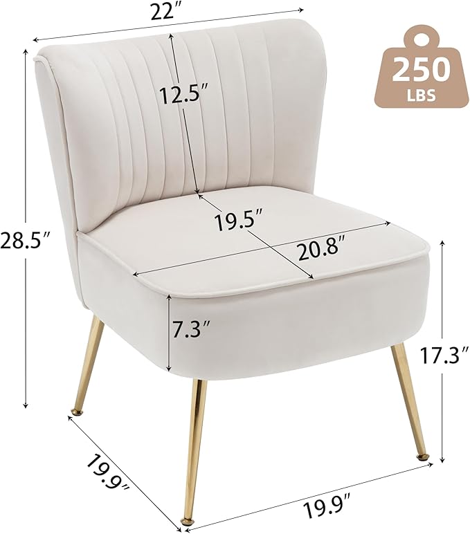 ABET Accent Chairs Set of 2 Velvet Armless Living Room Chairs with Tufted Wingback Thicken Cushion Gold Metal Legs Comfy Upholstered Side Chairs Slipper Chairs Club Chairs for Bedroom Beige