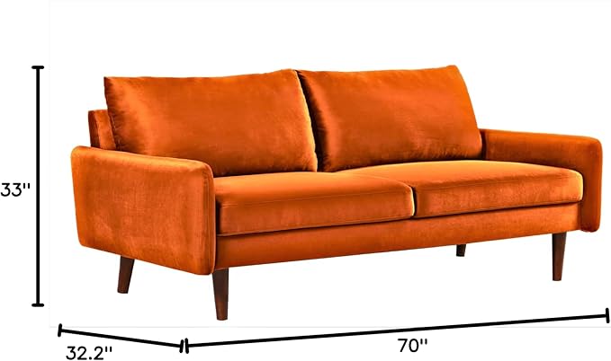 Kent Velvet Sofa for Modern Living Rooms and Compact Spaces Comfy 3 Seater Couch Studio Apartment Furniture with Sleek Design Orange