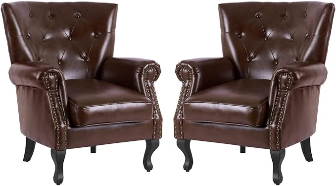 MOJAY PU Leather Accent Chair Set of 2 Mid-Century Modern Armchair Living Room Club Chair with Tufted Button &amp Rivet Trim Upholstered Sofa Chair with Sturdy Wood Legs for Bedroom (Reddish Brown)