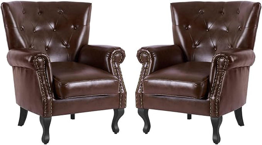 MOJAY PU Leather Accent Chair Set of 2 Mid-Century Modern Armchair Living Room Club Chair with Tufted Button &amp Rivet Trim Upholstered Sofa Chair with Sturdy Wood Legs for Bedroom (Reddish Brown)