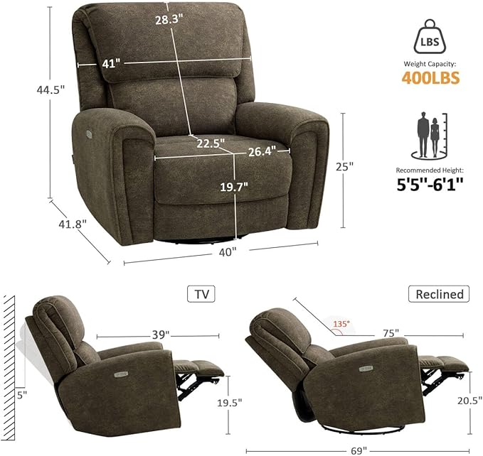MCombo Power Swivel Rocker Recliner Chair Oversized Power Recliner Chair for Big and Tall People 400lbs Heavy Duty Recliners USB Charge Ports for Living Room Office Fabric OE678 (Brown)