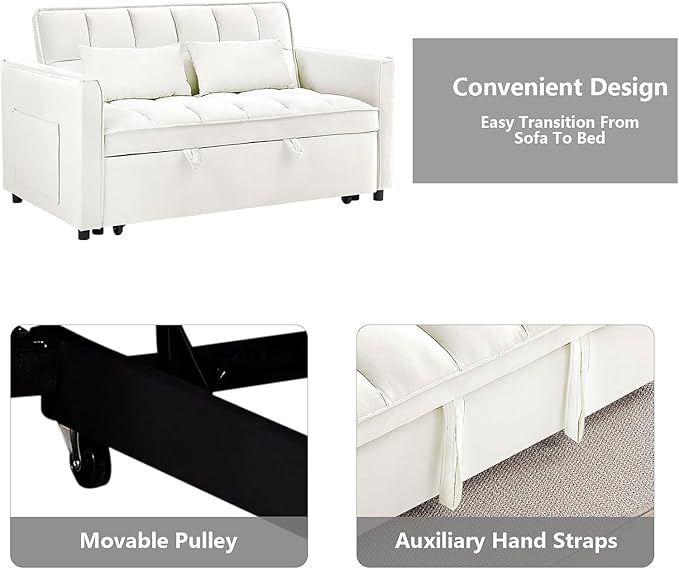 3 in 1 Convertible Sleeper Sofa BedFuton Couch with Pull-Out Bed &amp Adjustable BackrestVelvet Fabric Loveseat Sleeper with Side Pocket for Small Apartment Living Room Office (Beige) | Adjustabl