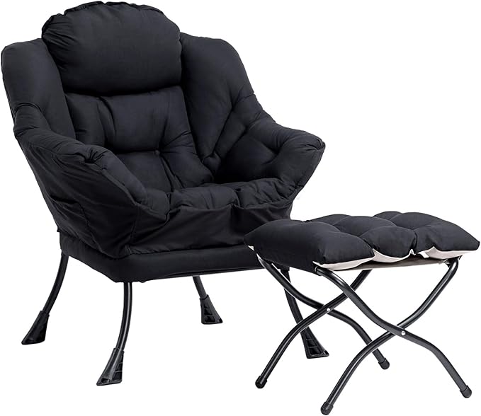 HollyHOME Lazy Chair with Foldable Ottoman Accent Comfy Lounge Armchair and Folding Footrest Stool Leisure Sofa Reading Chair and Footstool for Living Room Bedroom DormBlack