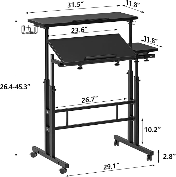 SDHYL 31.5 inches Movable Laptop Desk with Mouse Board Adjustable Height and Angle Anti-Slip Workstation Home Office Desk with Tablet Slot Portable Student Desk Black