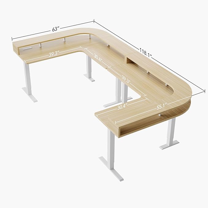 HUANUO U-Shape Standing Desk with LED Strip &amp Power Outrlets 2-Tier Height Adjustable Sit Stand up Gaming Desk with Power Strip Holder Large Computer Table for Home Office Light Walnut