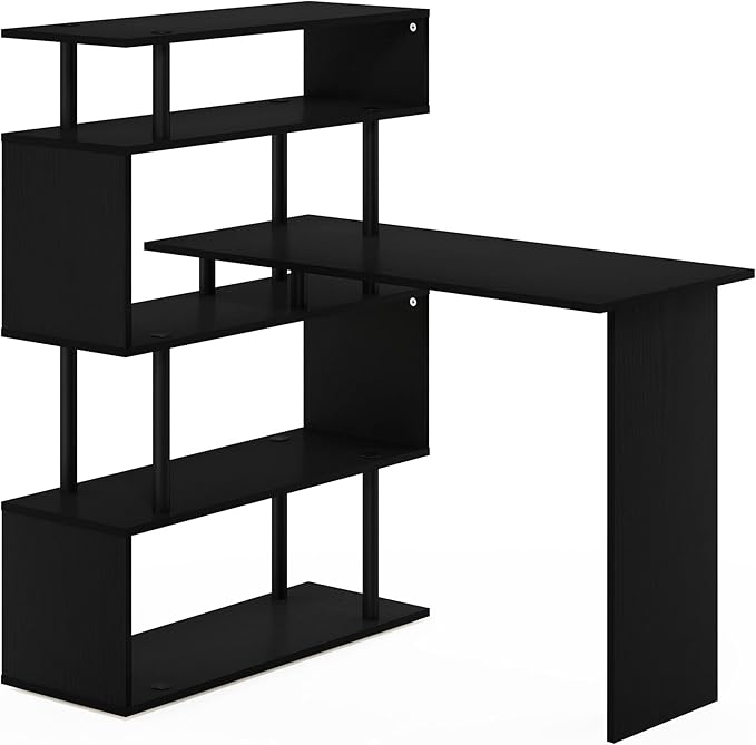 Furinno Classic Desk 40 Wide L-Shape Gaming Desk Computer Desk Writing Desk with 5-Tier S-Shaped Side Shelves for Home Office Study Room Dorm Bedroom Americano