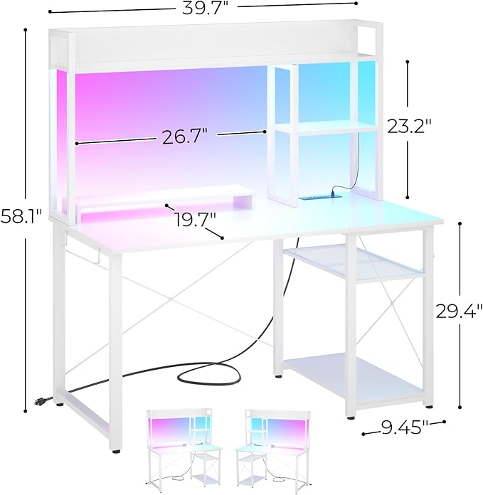 Cyclysio Gaming Desk with Hutch 39'' Computer Desk with LED Lights &amp Power Outlets Home Office Desk with Reversible 5 Tiers Storage Shelves &amp Monitor Stand Small Gaming Table for Small Spac