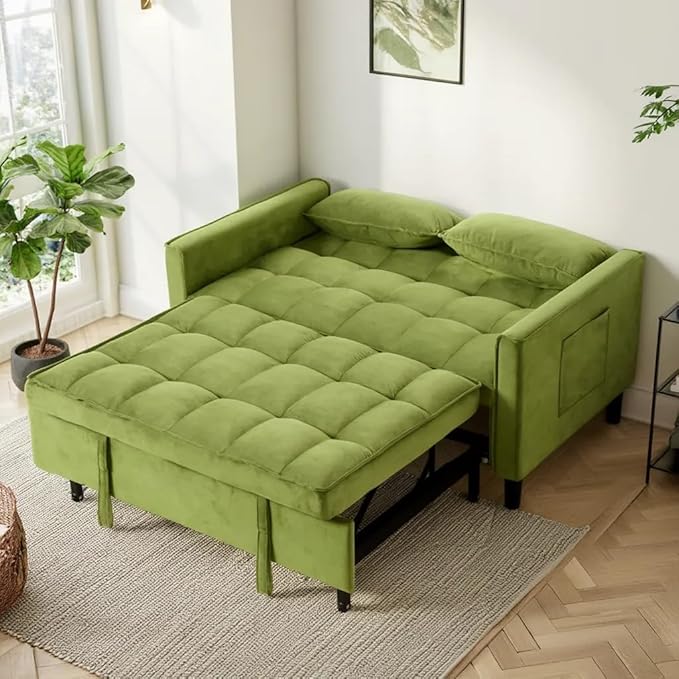 3 in 1 Convertible Sofa Bed Love Seat Sleeper Bed with Side Pockets Velvet Fabric Pull Out Couch with Adjustable Backrest for Living Room Bedroom Apartment Olive Green