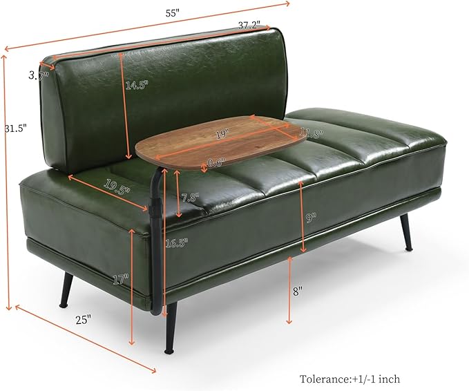 Small Modern Loveseat Couch Sofa Leather Upholstered 2-Seat Sofa Love Seat Furniture with 360-Degree Swivel Tray Black Metal Leg for Small Space Living Room Bedroom Apartment (Green)
