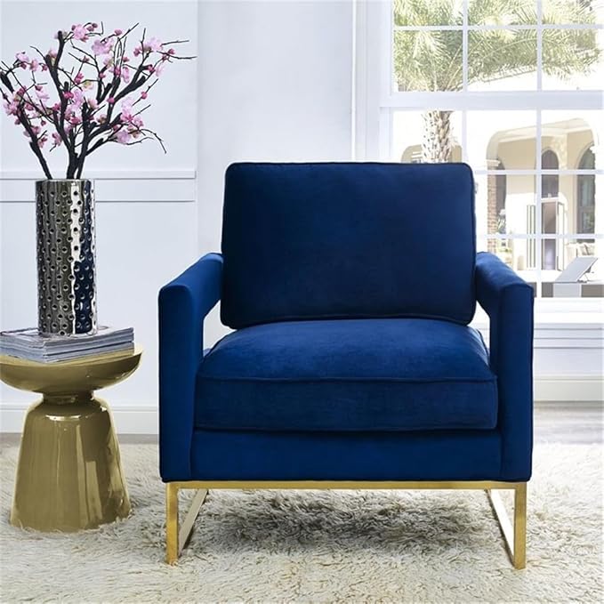 TOV Furniture The Avery Collection Modern Style Living Room Den Leather Upholstered Armchair with Gold Legs Navy