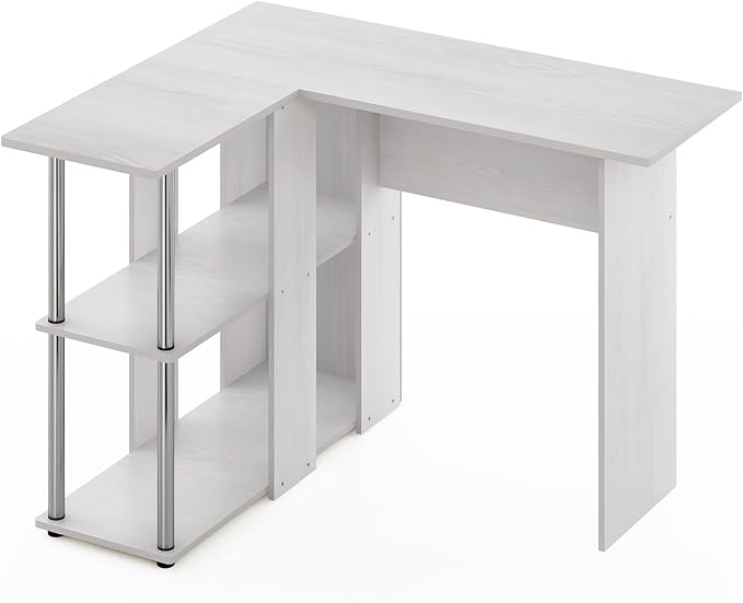 Furinno Abbott L-Shape Desk with Bookshelf White Oak/Chrome