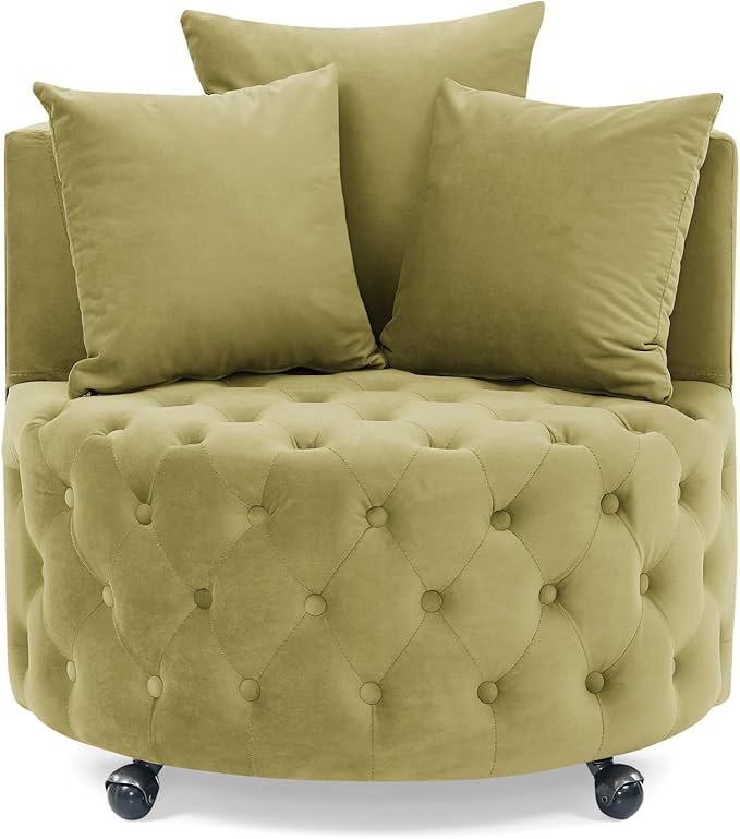 Velvet Upholstered Swivel Chair for Living Room with Button Tufted Design and Movable Wheels Including 3 Pillows Khaki Green