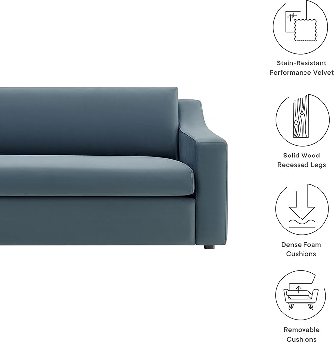 Modway Liora 87 Inch Stain-Resistant Performance Velvet Sofa in Cadet Blue - 3 Seater Upholstered Sofa Couch for Living Room Seating - Comfy Deep Seat Sofa with Scoop Arms