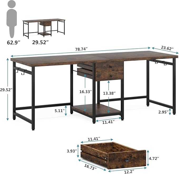 79 Inch Brown Two Person Desk with Drawers Extra Long Desk with Storage Shelves Double Home Office Desk with Hooks 2 Person Writing Study Table Workstation for Home Office