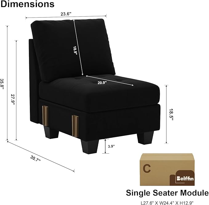 Belffin Velvet Single Seat Module for Modular Sectional Sofa Couch Accent Armless Sofa Couch Chair Modern Fabric Black