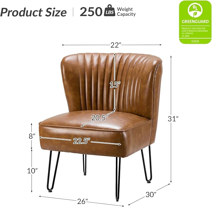 HULALA HOME Faux Leather Accent Chair with Metal Base Mid Century Modern Living Room Chair Comfy Upholstered Armless Side Chair for Bedroom Office Camel