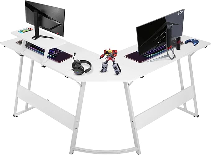 L Shaped Gaming Desk50.4 Computer Desk with Monitor Stand &amp Carbon Fiber SurfaceCorner Desk Gaming Table Home Office Study Writing WorkstationWhite