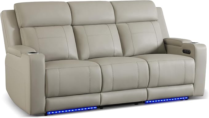 Dual Motor Power Reclining Sofa Breathable Leather Reclining Couch with Power Headrest/LED Light/Armrest Storage Recliner Sofa 3 Seater for Living Room (Grey 3 Seater)