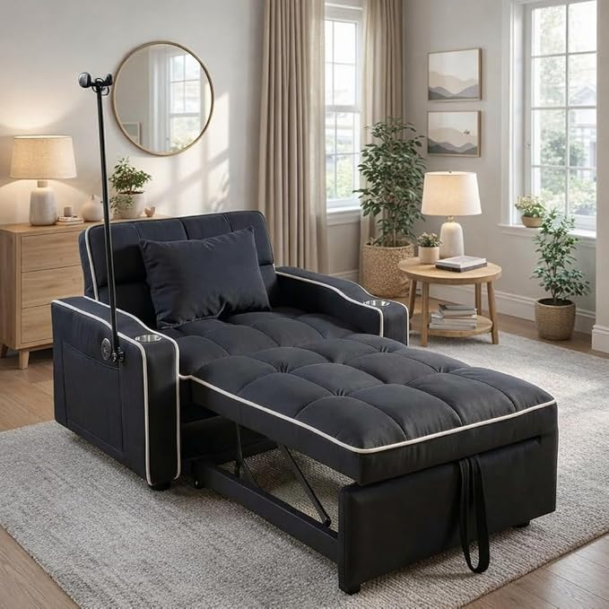 Sleeper Chair Convertible Pull Out Chair Sleeper with Bracket and Cup Holder Chairs Bed Sleepers for Adults 3 in 1 Sofa Bed Chairs for Small Spaces Living Room Black