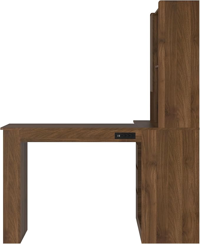 L Shaped Desk Computer Desk with Drawers Bookshelf Charger LED Light Modern Home Office Desk Study Table Writing Desk Corner Gaming Computer Table with Storage Assembly Required (Wood-A)